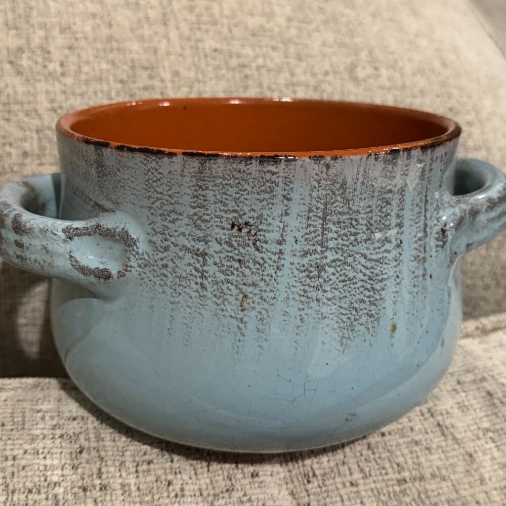 DE SILVA Double Handled Soup Bowl - Blue Terracotta Pottery Crocks 1970s Italy